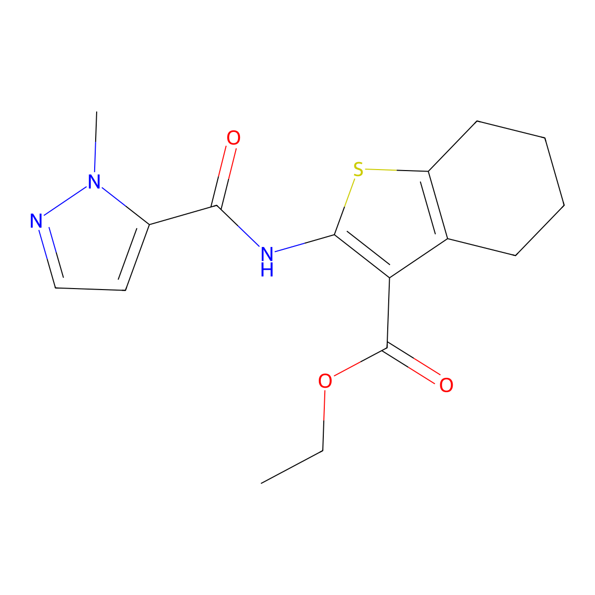 ethyl 2-(1-methyl-1H-pyrazole-5-carboxamido)-4,5,6,7-tetrahydrobenzo[b]thiophene-3-carboxylate molecular structure, CAS 296263-72-4