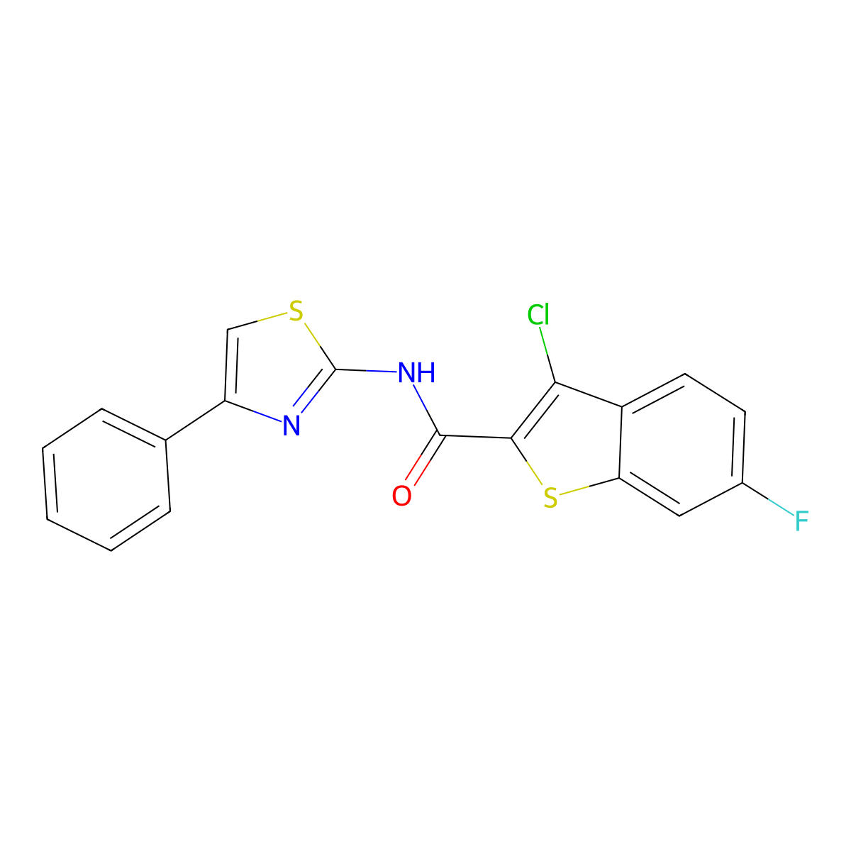 3-chloro-6-fluoro-N-(4-phenyl-1,3-thiazol-2-yl)-1-benzothiophene-2-carboxamide molecular structure, CAS 296265-76-4
