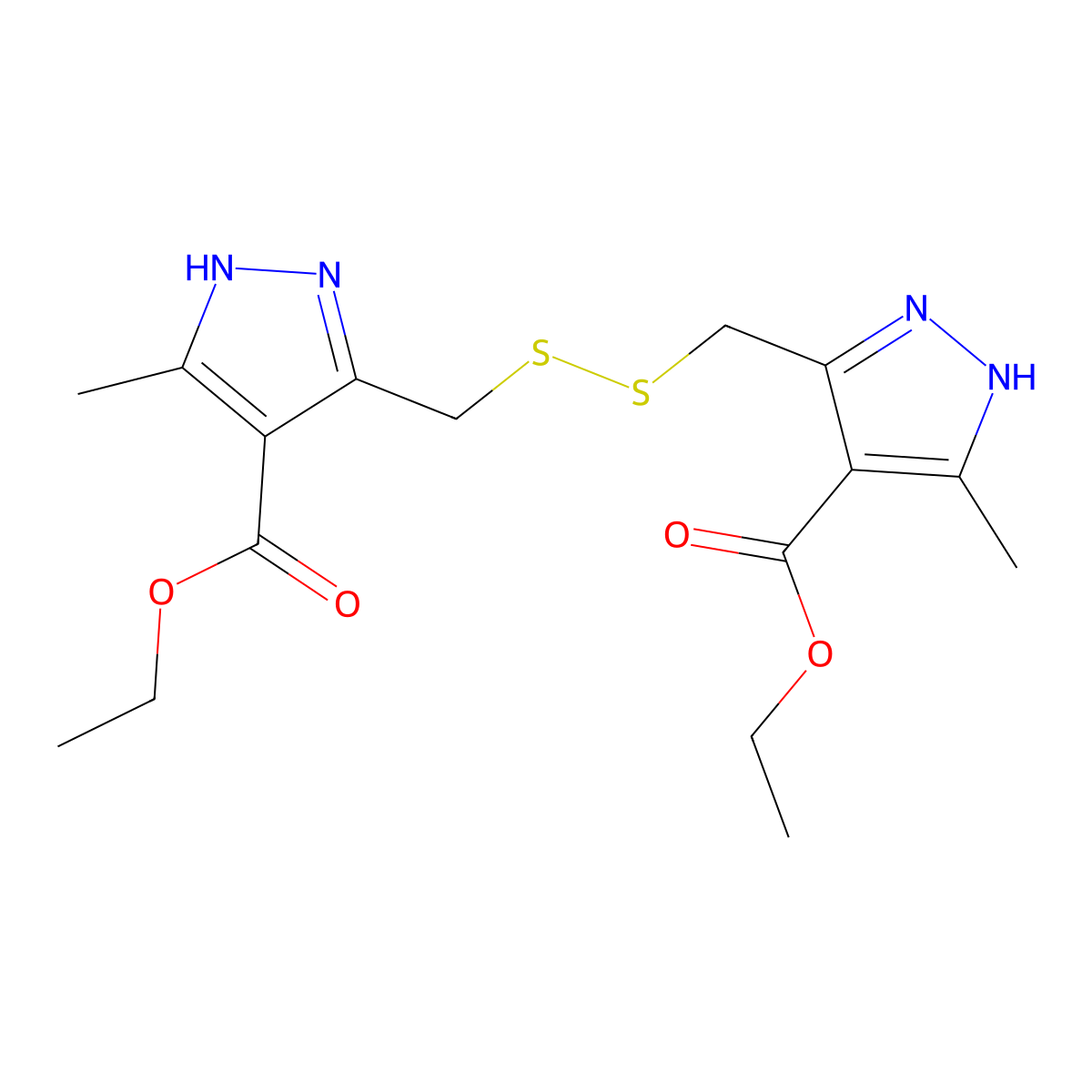 ethyl 3-[({[4-(ethoxycarbonyl)-5-methyl-1H-pyrazol-3-yl]methyl}disulfanyl)methyl]-5-methyl-1H-pyrazole-4-carboxylate molecular structure, CAS 296266-49-4