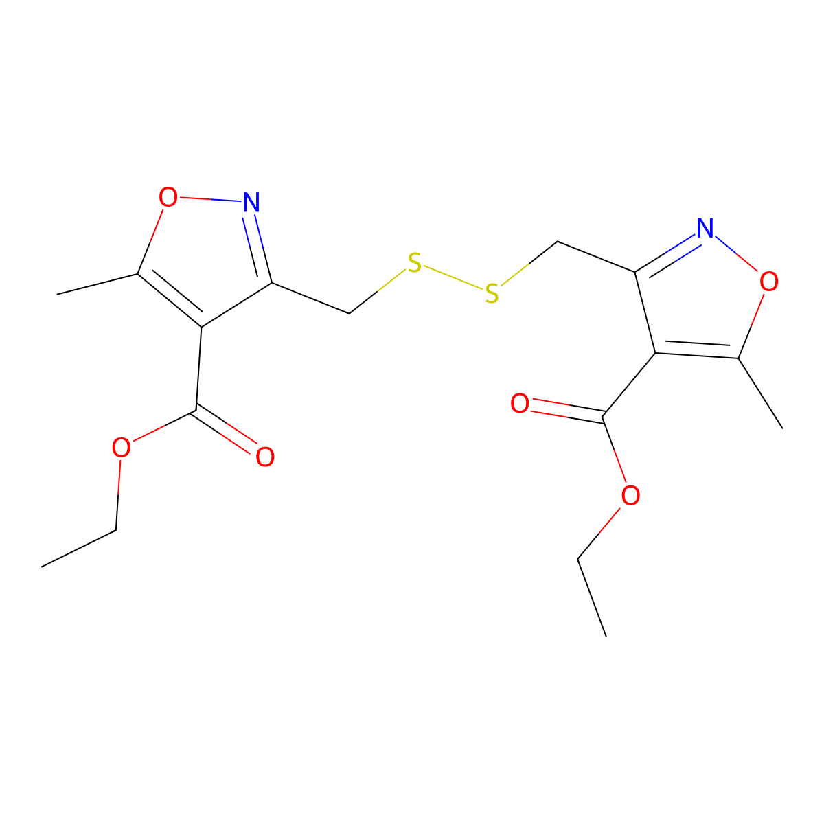 Ethyl 3-[[(4-ethoxycarbonyl-5-methyl-1,2-oxazol-3-yl)methyldisulfanyl]methyl]-5-methyl-1,2-oxazole-4-carboxylate molecular structure, CAS 296266-52-9