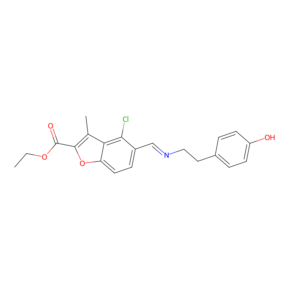 ethyl 4-chloro-5-[(E)-{[2-(4-hydroxyphenyl)ethyl]imino}methyl]-3-methyl-1-benzofuran-2-carboxylate molecular structure, CAS 296266-59-6