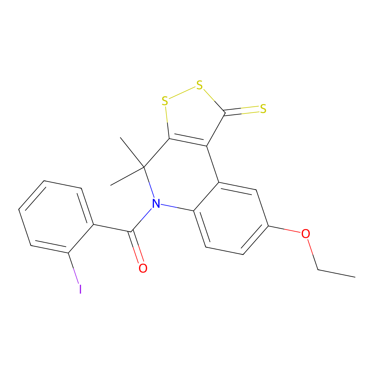 8-ethoxy-5-(2-iodobenzoyl)-4,4-dimethyl-4,5-dihydro-1H-[1,2]dithiolo[3,4-c]quinoline-1-thione molecular structure, CAS 296272-24-7