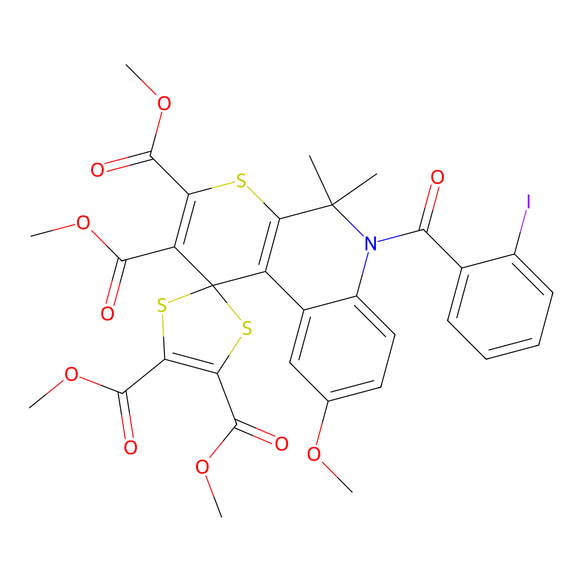 Tetramethyl 6'-(2-iodobenzoyl)-9'-methoxy-5',5'-dimethylspiro[1,3-dithiole-2,1'-thiopyrano[2,3-c]quinoline]-2',3',4,5-tetracarboxylate molecular structure, CAS 296272-45-2