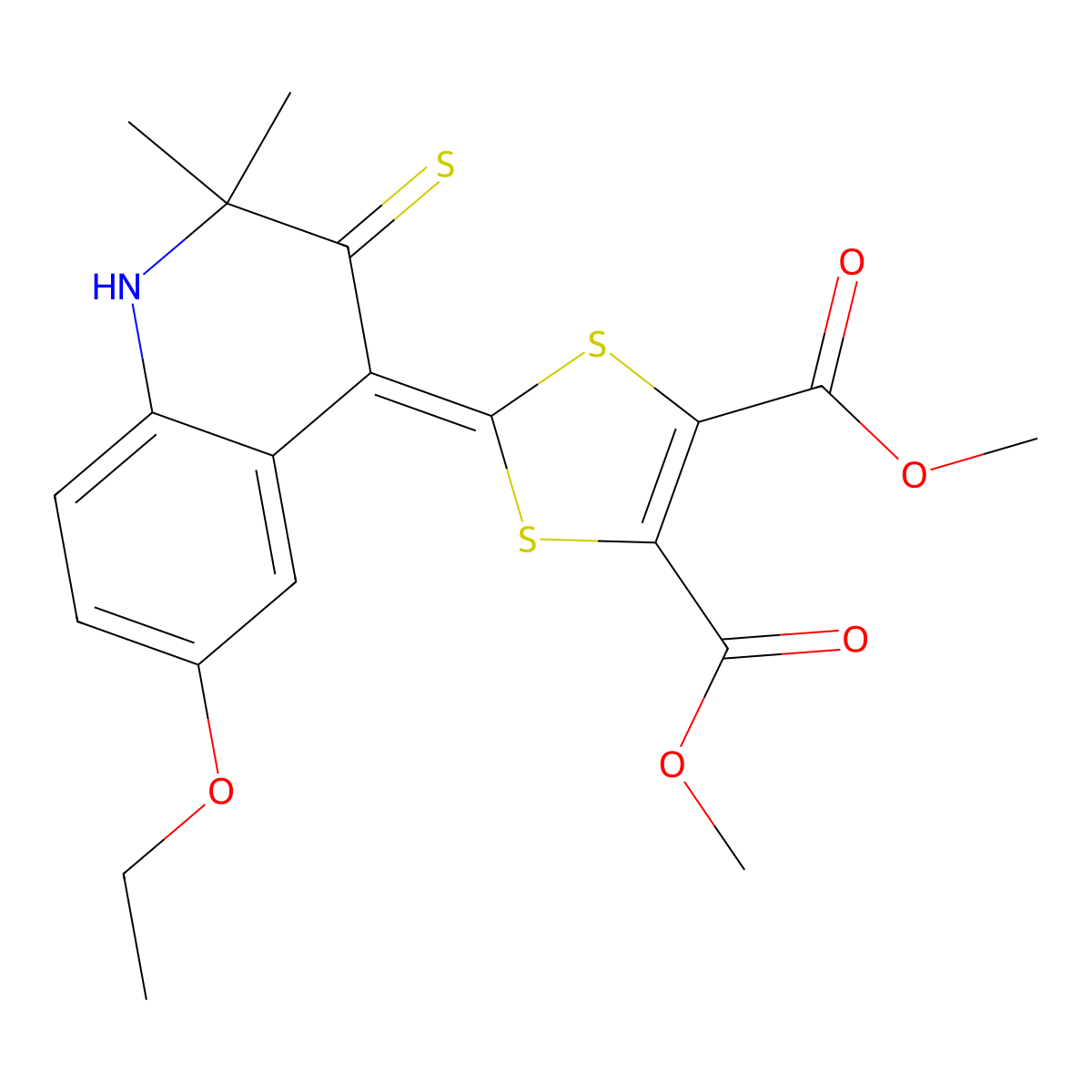 dimethyl 2-(6-ethoxy-2,2-dimethyl-3-thioxo-2,3-dihydroquinolin-4(1H)-ylidene)-1,3-dithiole-4,5-dicarboxylate molecular structure, CAS 296272-53-2