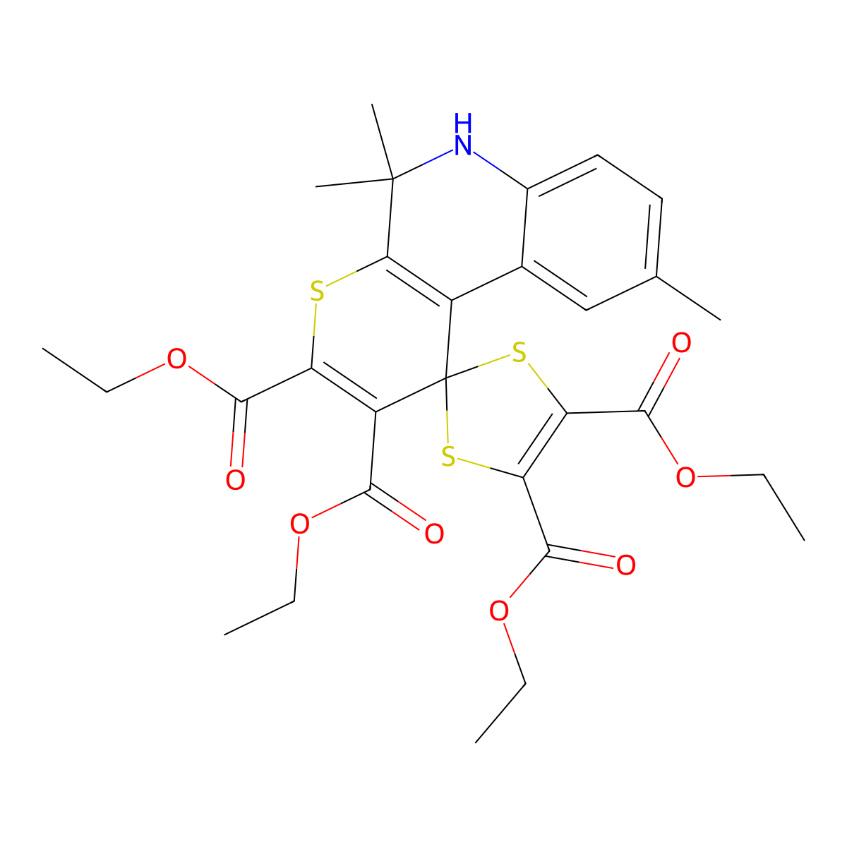 Tetraethyl 5',5',9'-trimethyl-5',6'-dihydrospiro[1,3-dithiole-2,1'-thiopyrano[2,3-c]quinoline]-2',3',4,5-tetracarboxylate molecular structure, CAS 296272-61-2