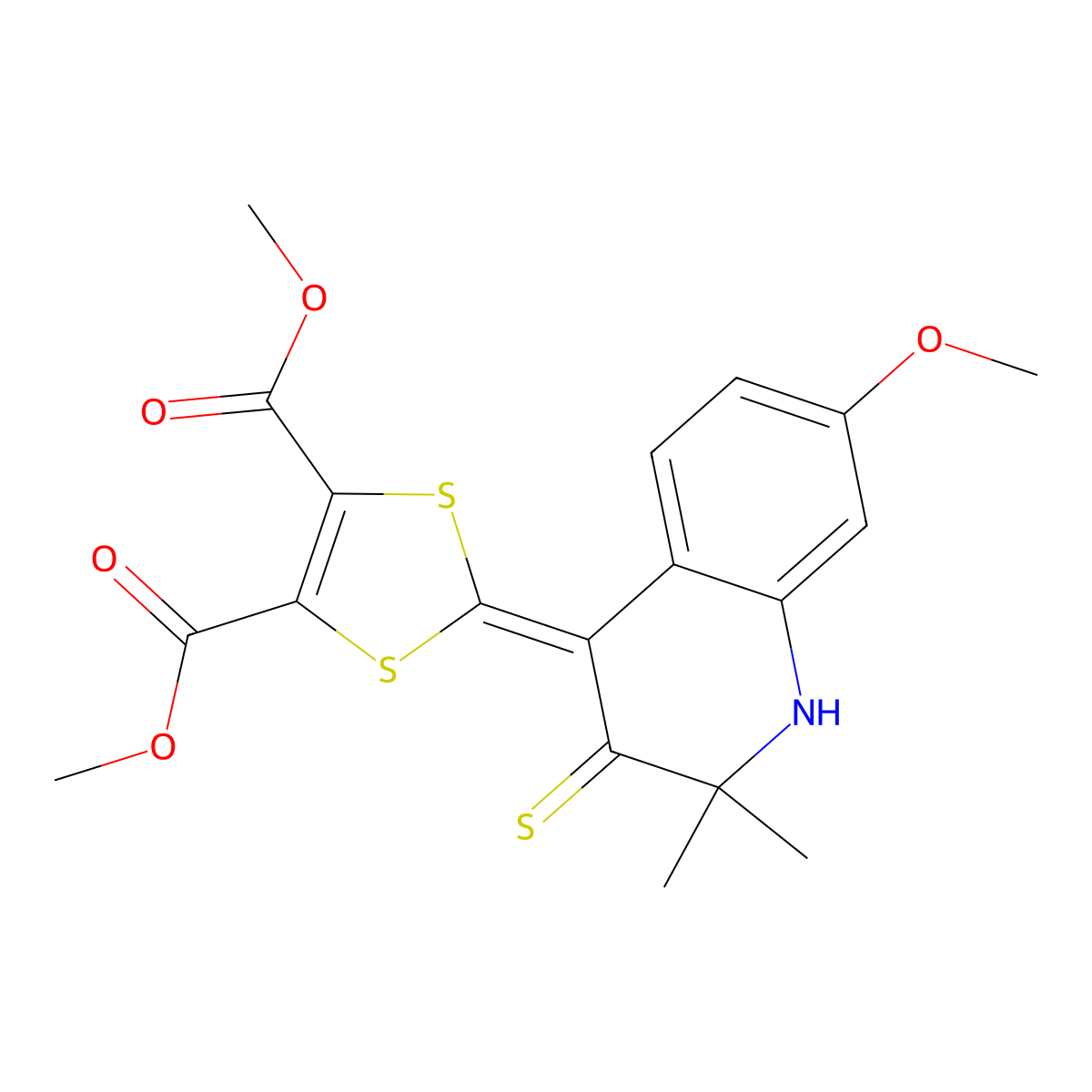 dimethyl 2-(7-methoxy-2,2-dimethyl-3-thioxo-2,3-dihydroquinolin-4(1H)-ylidene)-1,3-dithiole-4,5-dicarboxylate molecular structure, CAS 296272-63-4