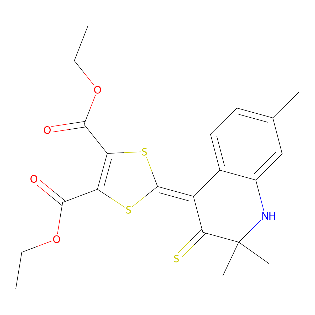 diethyl 2-(2,2,7-trimethyl-3-thioxo-2,3-dihydroquinolin-4(1H)-ylidene)-1,3-dithiole-4,5-dicarboxylate molecular structure, CAS 296272-64-5
