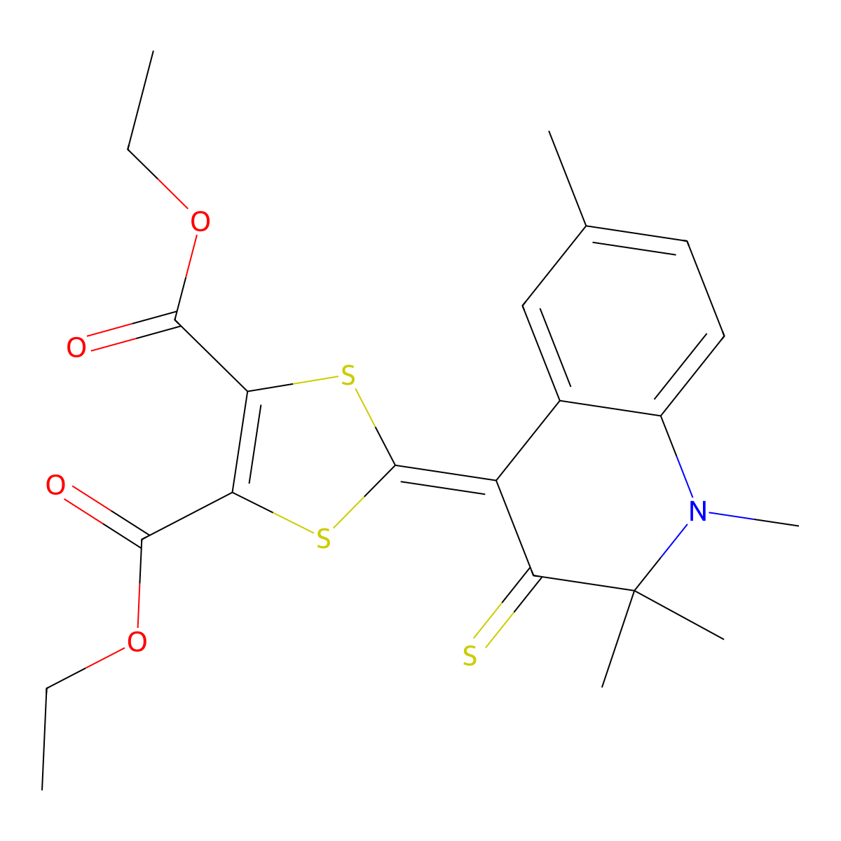 diethyl 2-(1,2,2,6-tetramethyl-3-thioxo-2,3-dihydroquinolin-4(1H)-ylidene)-1,3-dithiole-4,5-dicarboxylate molecular structure, CAS 296272-66-7