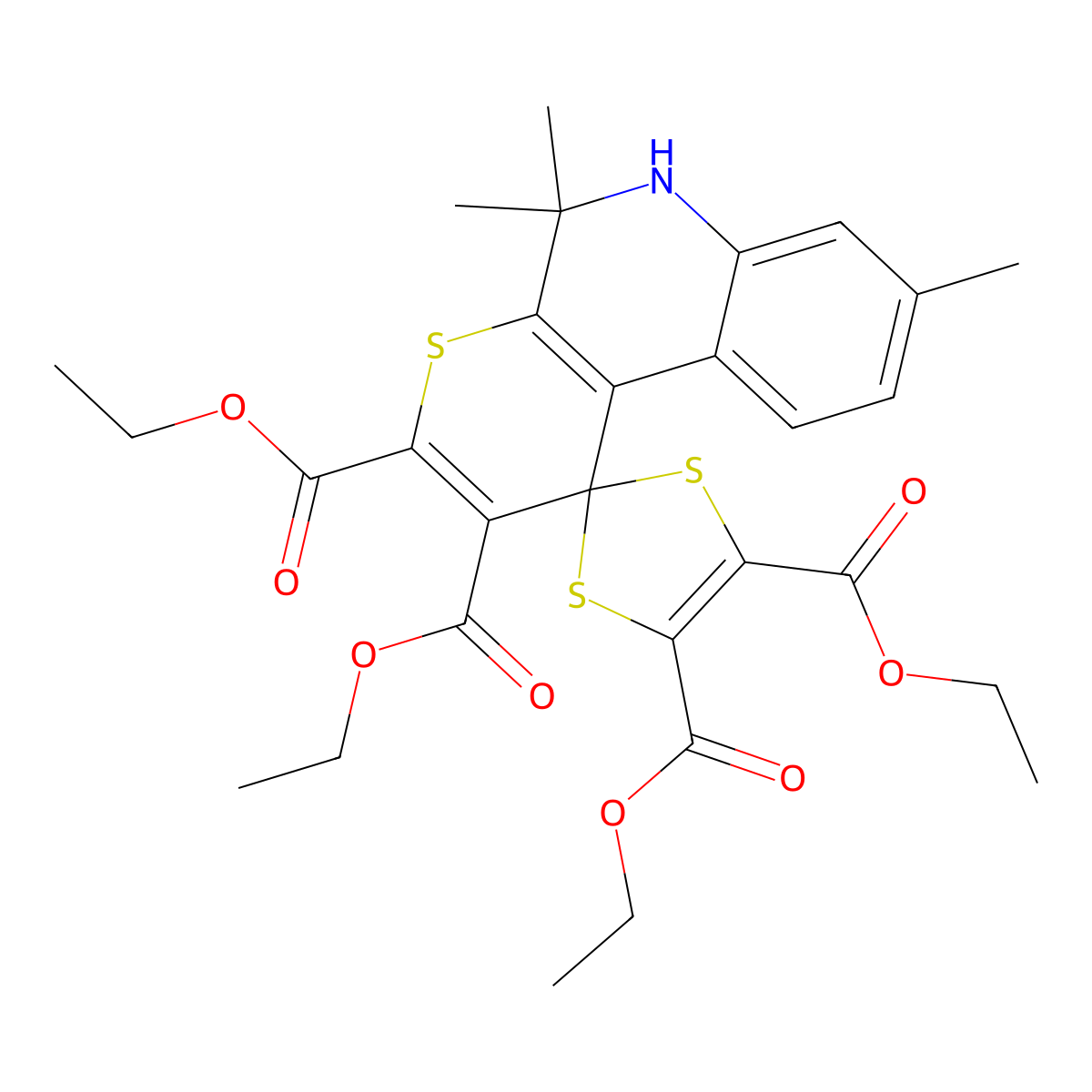 tetraethyl 5',5',8'-trimethylspiro[1,3-dithiole-2,1'-6H-thiopyrano[2,3-c]quinoline]-2',3',4,5-tetracarboxylate molecular structure, CAS 296272-68-9