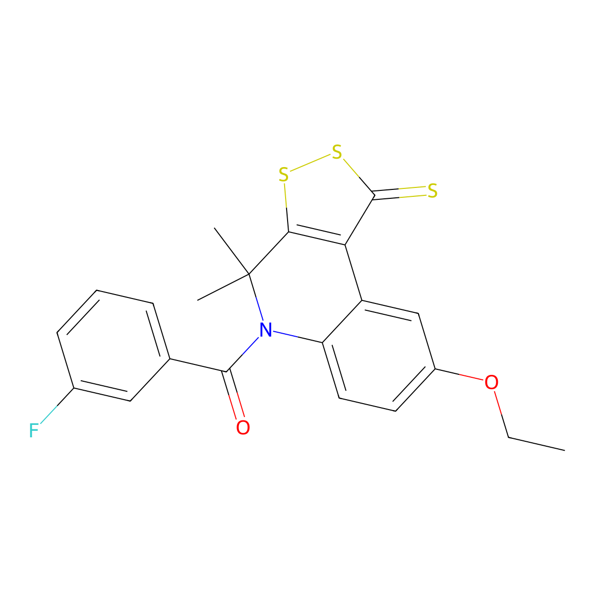 8-ethoxy-5-(3-fluorobenzoyl)-4,4-dimethyl-4,5-dihydro-1H-[1,2]dithiolo[3,4-c]quinoline-1-thione molecular structure, CAS 296272-79-2
