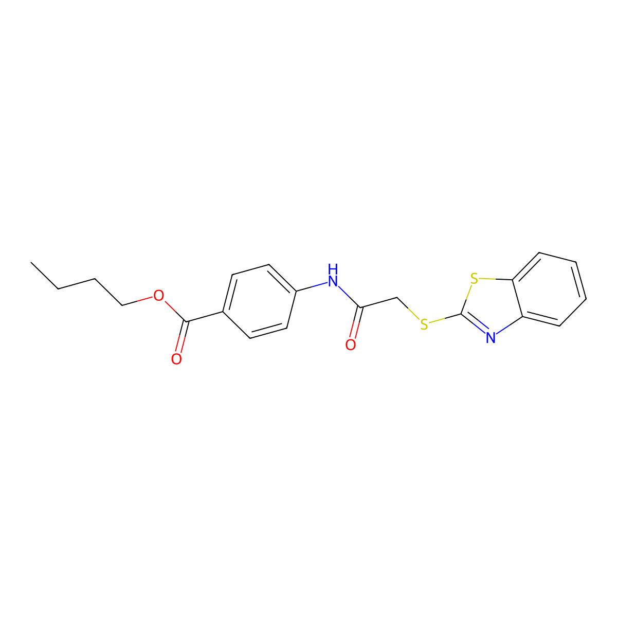 Butyl 4-[[2-(2-benzothiazolylthio)acetyl]amino]benzoate molecular structure, CAS 296273-26-2