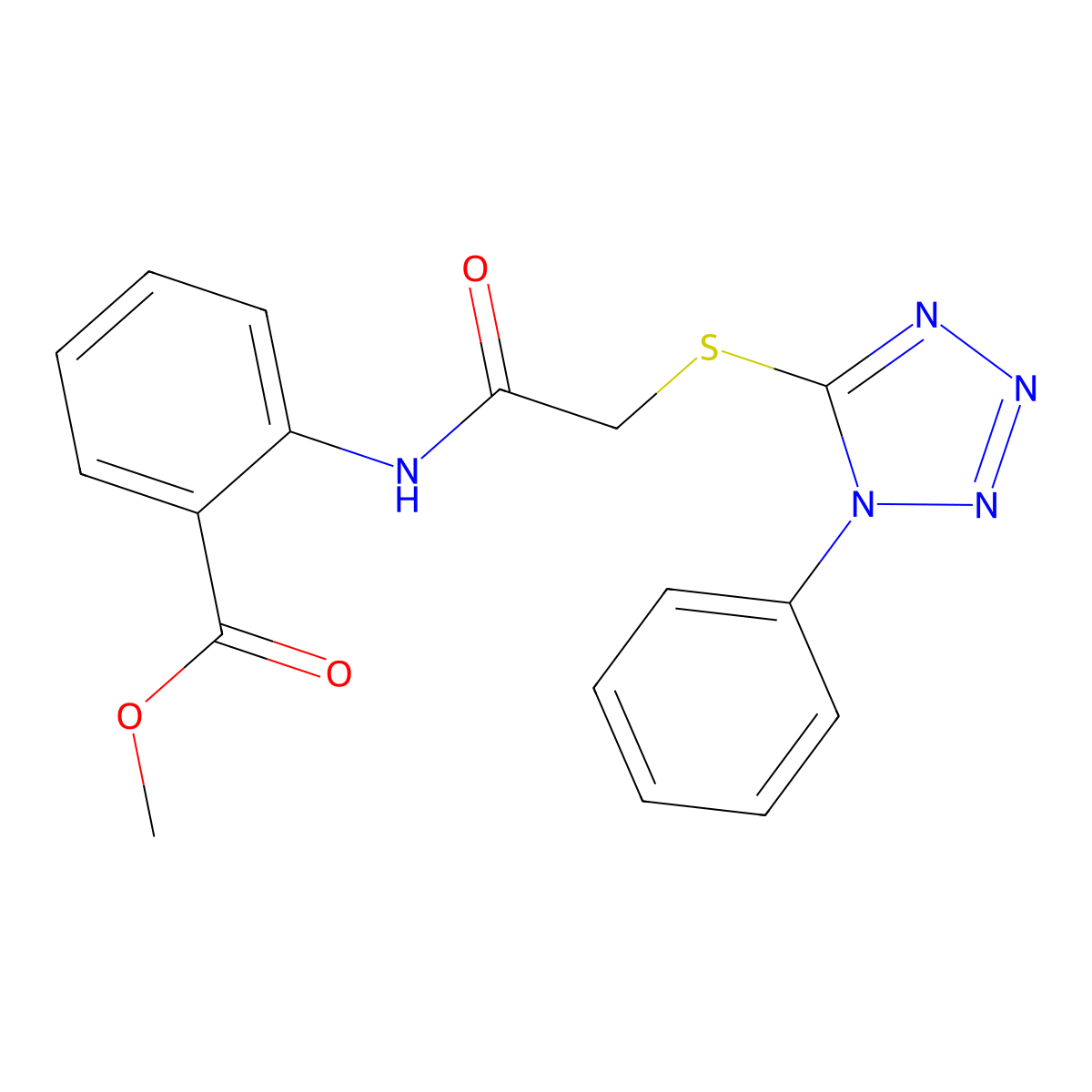 Methyl 2-[[2-(1-phenyltetrazol-5-yl)sulfanylacetyl]amino]benzoate molecular structure, CAS 296273-33-1