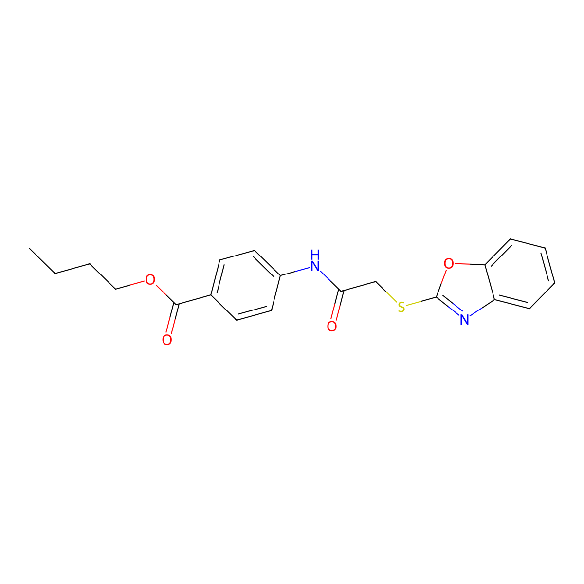 Butyl 4-[[2-(1,3-benzoxazol-2-ylsulfanyl)acetyl]amino]benzoate molecular structure, CAS 296273-73-9