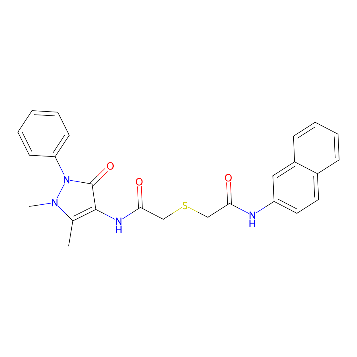 2-[2-[(1,5-dimethyl-3-oxo-2-phenylpyrazol-4-yl)amino]-2-oxoethyl]sulfanyl-N-naphthalen-2-ylacetamide molecular structure, CAS 296274-41-4