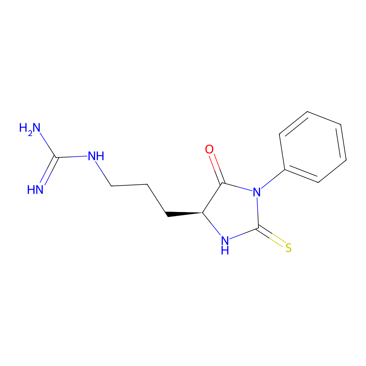 (S)-1-(3-(5-Oxo-1-phenyl-2-thioxoimidazolidin-4-yl)propyl)guanidine molecular structure, CAS 29635-93-6