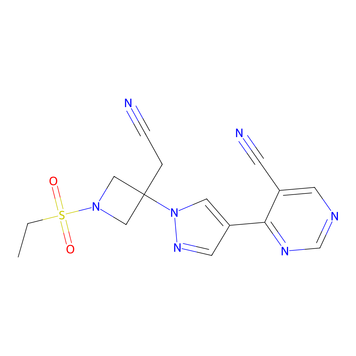 4-(1-(3-(Cyanomethyl)-1-(ethylsulfonyl)azetidin-3-yl)-1H-pyrazol-4-yl)pyrimidine-5-carbonitrile molecular structure, CAS 2964606-44-6