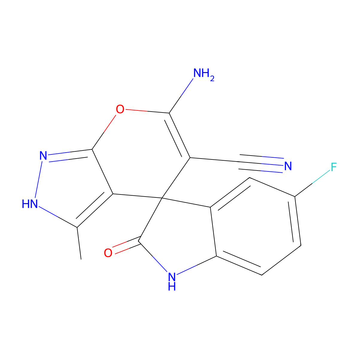 6-amino-5-cyano-5'-fluoro-3-methyl-1,1',3',4-tetrahydro-2'-oxospiro(pyrano[2,3-c]pyrazole-4,3'-[2'H]-indole) molecular structure, CAS 296769-48-7