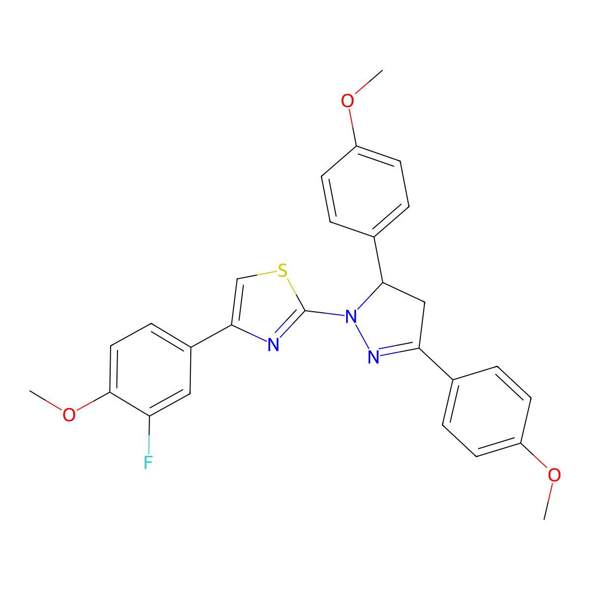 2-[3,5-bis(4-methoxyphenyl)-4,5-dihydro-1H-pyrazol-1-yl]-4-(3-fluoro-4-methoxyphenyl)-1,3-thiazole molecular structure, CAS 296769-59-0