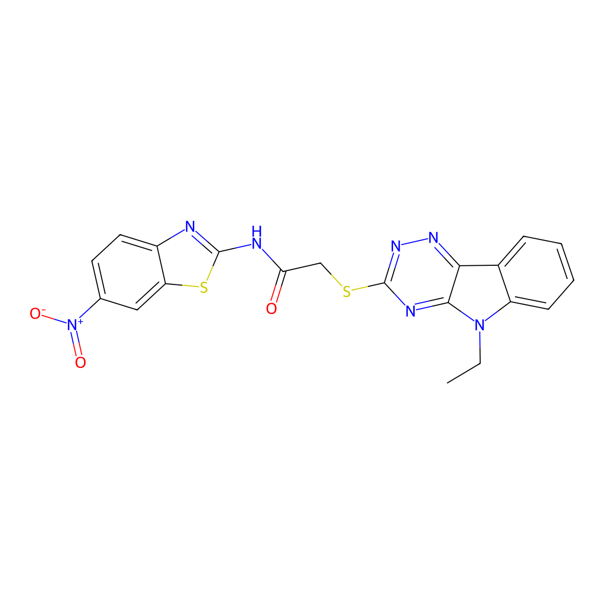 2-[(5-ethyl-[1,2,4]triazino[5,6-b]indol-3-yl)sulfanyl]-N-(6-nitro-1,3-benzothiazol-2-yl)acetamide molecular structure, CAS 296770-92-8