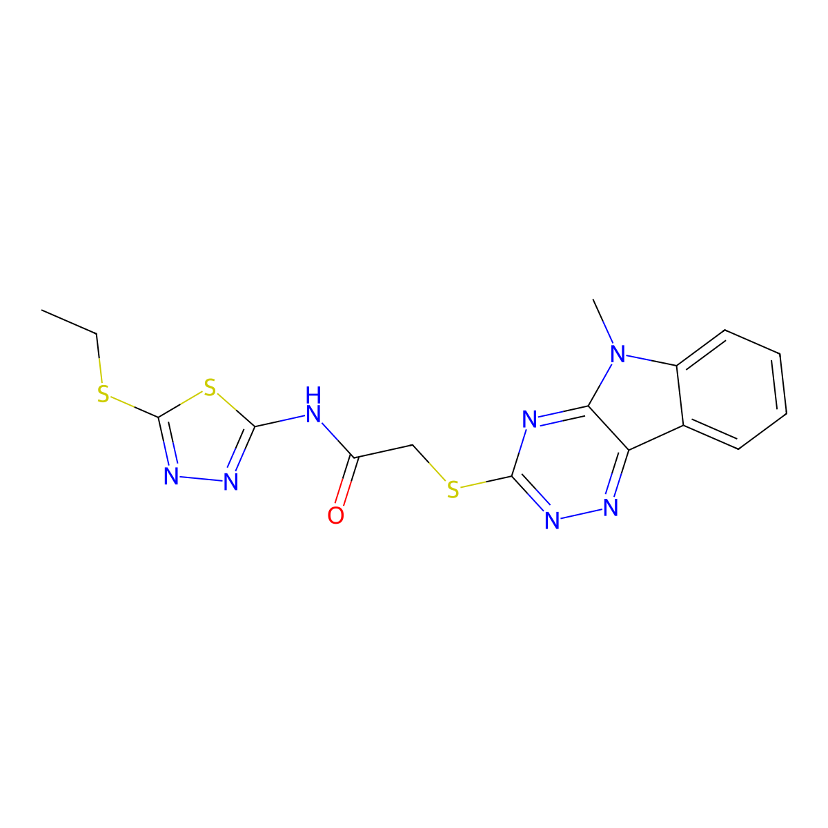 N-(5-ethylsulfanyl-1,3,4-thiadiazol-2-yl)-2-[(5-methyl-[1,2,4]triazino[5,6-b]indol-3-yl)sulfanyl]acetamide molecular structure, CAS 296770-93-9