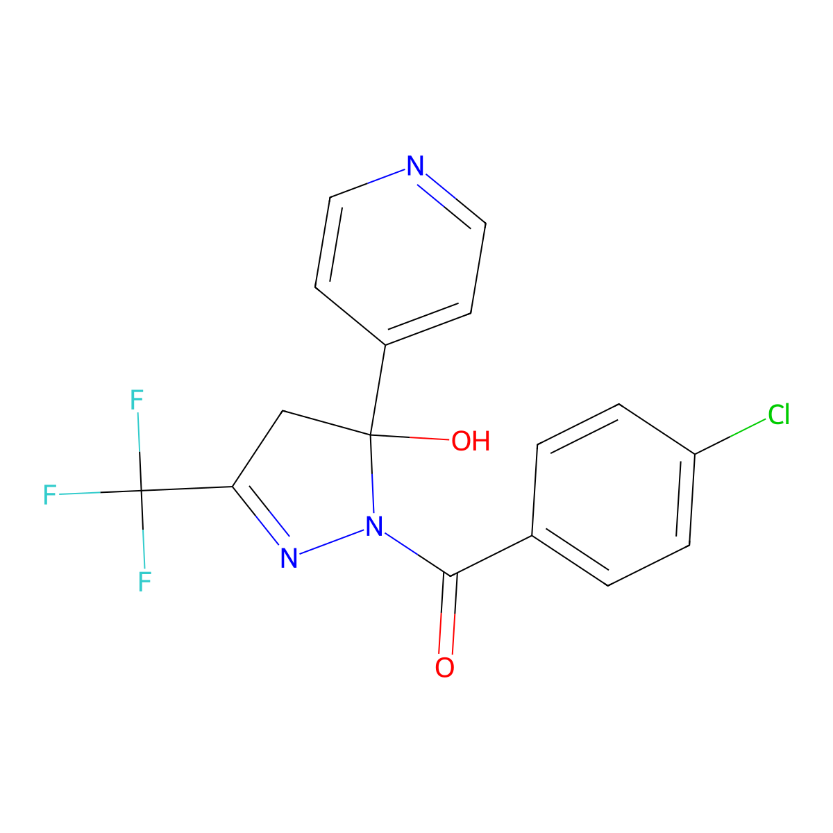 (4-chlorophenyl)-[5-hydroxy-5-pyridin-4-yl-3-(trifluoromethyl)-4H-pyrazol-1-yl]methanone molecular structure, CAS 296771-54-5
