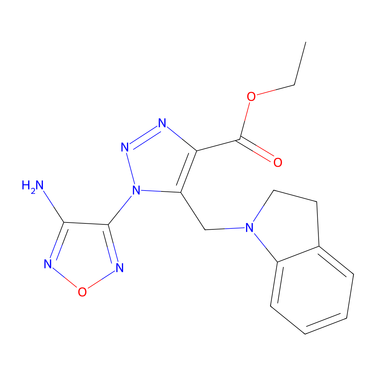 ethyl 1-(4-amino-1,2,5-oxadiazol-3-yl)-5-(2,3-dihydro-1H-indol-1-ylmethyl)-1H-1,2,3-triazole-4-carboxylate molecular structure, CAS 296771-71-6