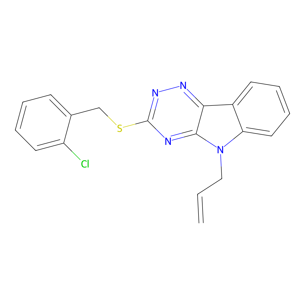 3-[(2-Chlorophenyl)methylsulfanyl]-5-prop-2-enyl-[1,2,4]triazino[5,6-b]indole molecular structure, CAS 296772-54-8