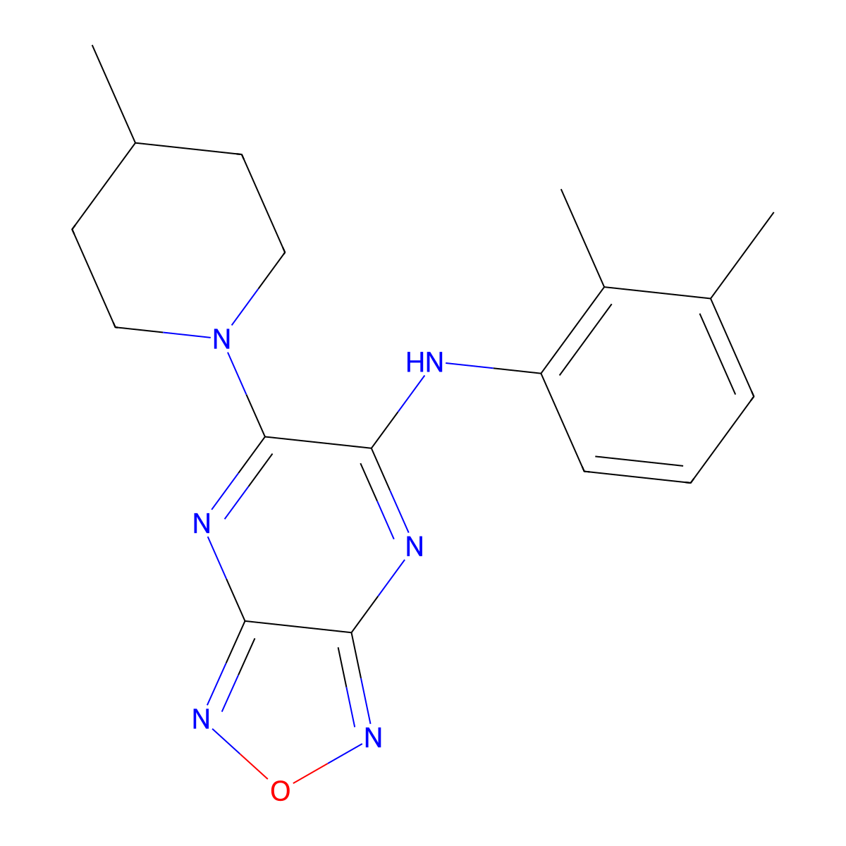 N-(2,3-dimethylphenyl)-5-(4-methylpiperidin-1-yl)-[1,2,5]oxadiazolo[3,4-b]pyrazin-6-amine molecular structure, CAS 296772-93-5