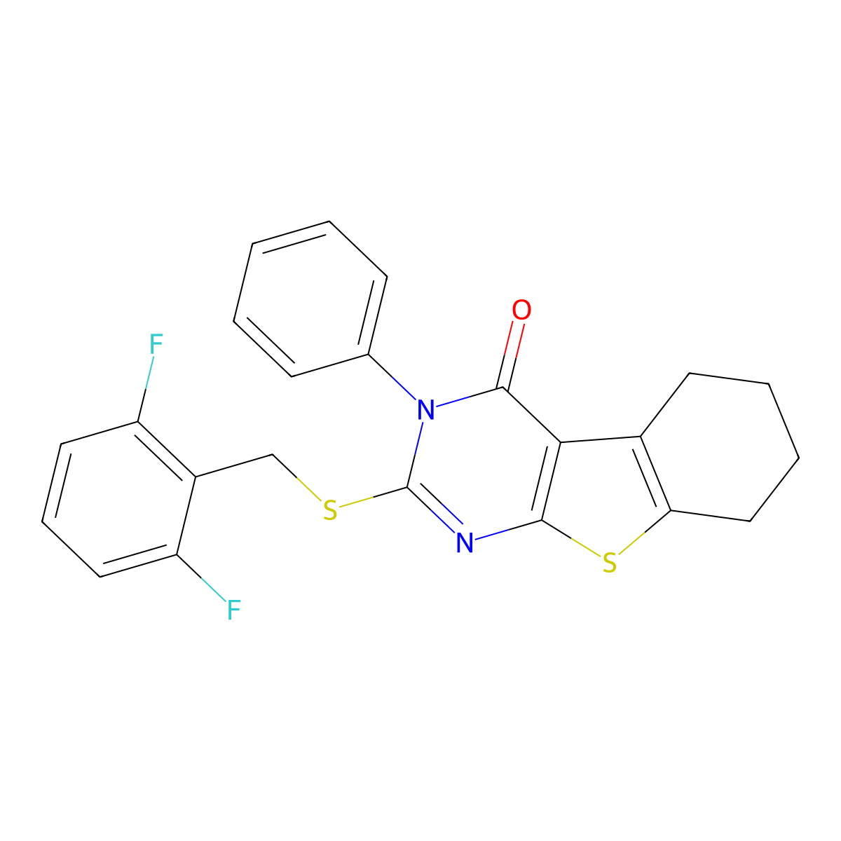 2-[(2,6-Difluorophenyl)methylsulfanyl]-3-phenyl-5,6,7,8-tetrahydro-[1]benzothiolo[2,3-d]pyrimidin-4-one molecular structure, CAS 296773-45-0
