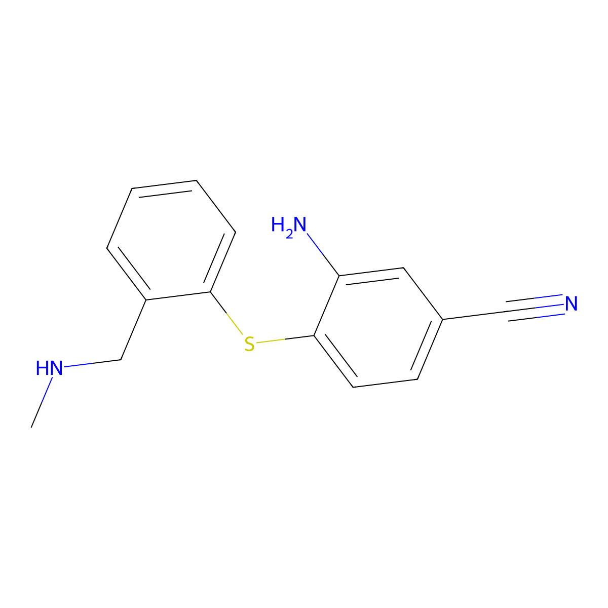 3-Amino-4-((2-((methylamino)methyl)phenyl)thio)benzonitrile molecular structure, CAS 296774-10-2
