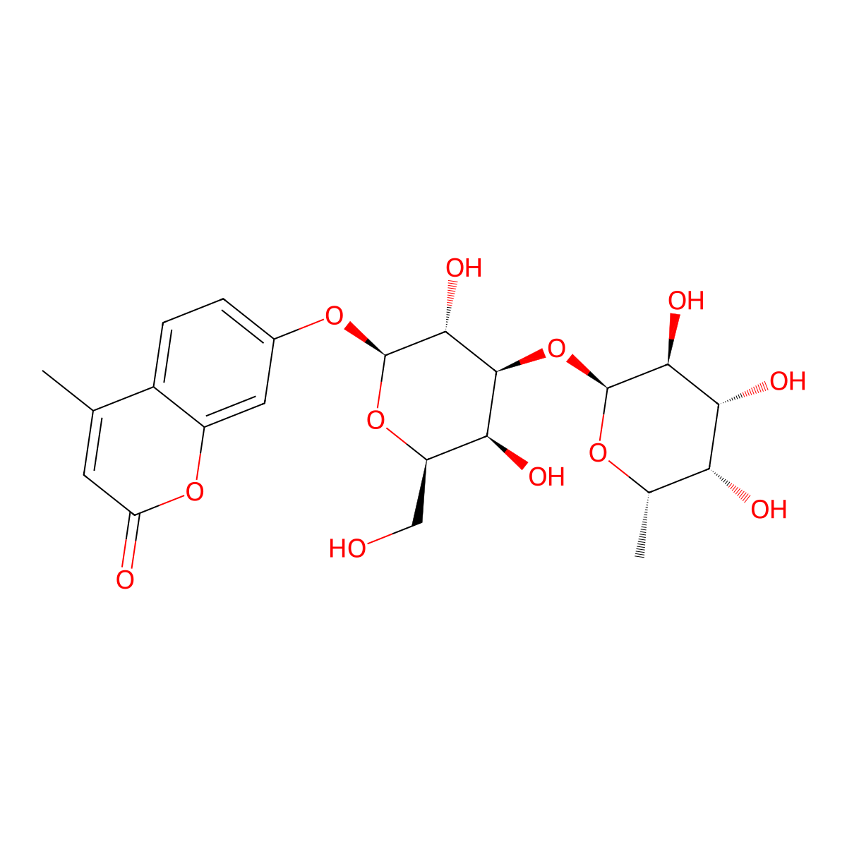4-Methylumbelliferyl 3-O-(alpha-L-fucopyranosyl)-beta-D-galactopyranoside molecular structure, CAS 296776-06-2