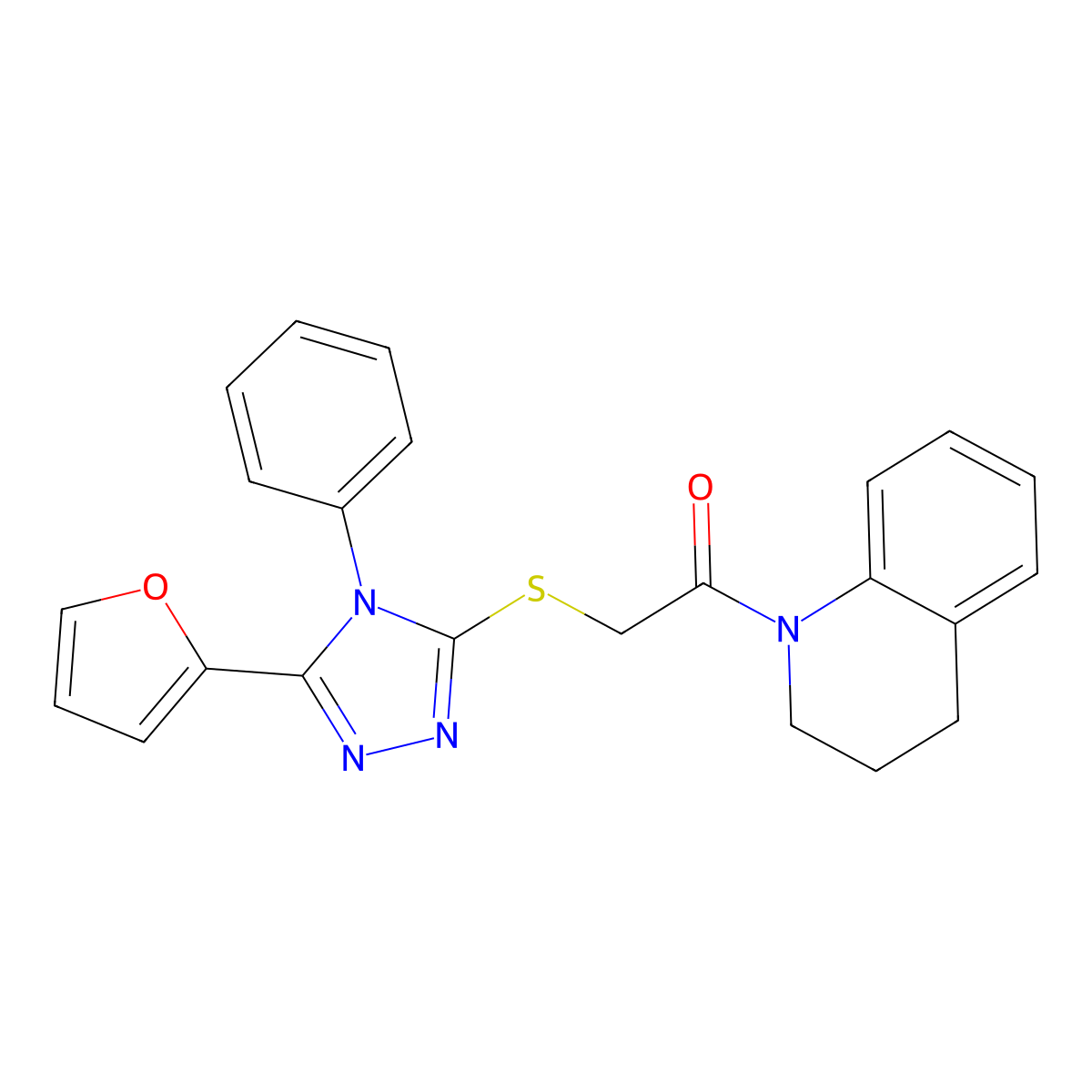 1-(3,4-dihydro-2H-quinolin-1-yl)-2-[[5-(furan-2-yl)-4-phenyl-1,2,4-triazol-3-yl]sulfanyl]ethanone molecular structure, CAS 296790-08-4