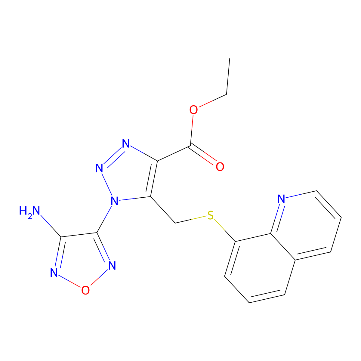 Ethyl 1-(4-amino-1,2,5-oxadiazol-3-yl)-5-((quinolin-8-ylthio)methyl)-1H-1,2,3-triazole-4-carboxylate molecular structure, CAS 296790-46-0