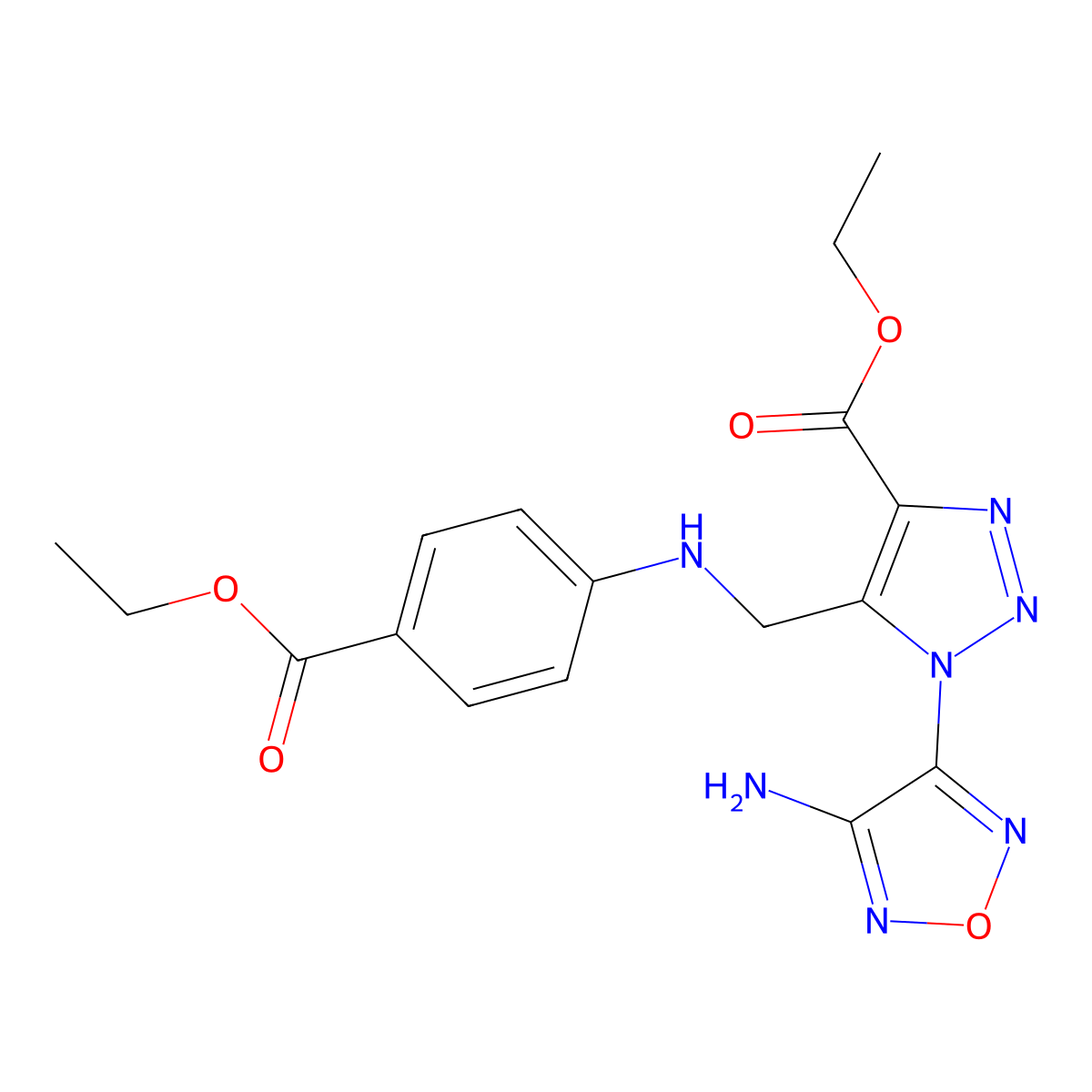 Ethyl 1-(4-amino-1,2,5-oxadiazol-3-yl)-5-(((4-(ethoxycarbonyl)phenyl)amino)methyl)-1H-1,2,3-triazole-4-carboxylate molecular structure, CAS 296790-47-1