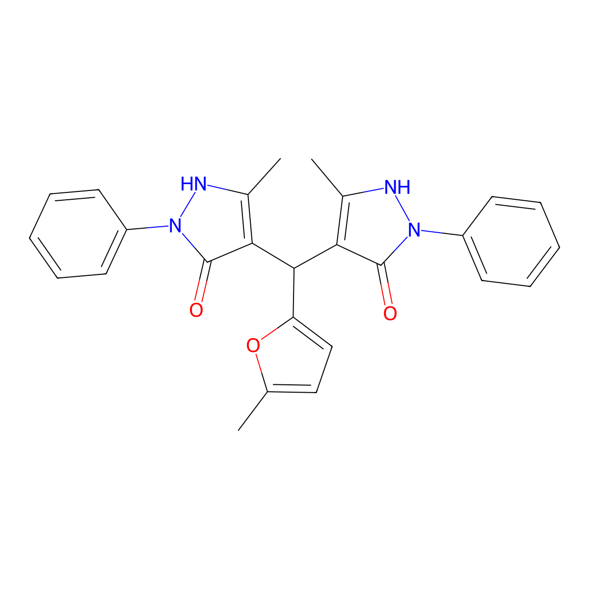 4,4'-((5-methylfuran-2-yl)methylene)bis(3-methyl-1-phenyl-1H-pyrazol-5-ol) molecular structure, CAS 296790-70-0