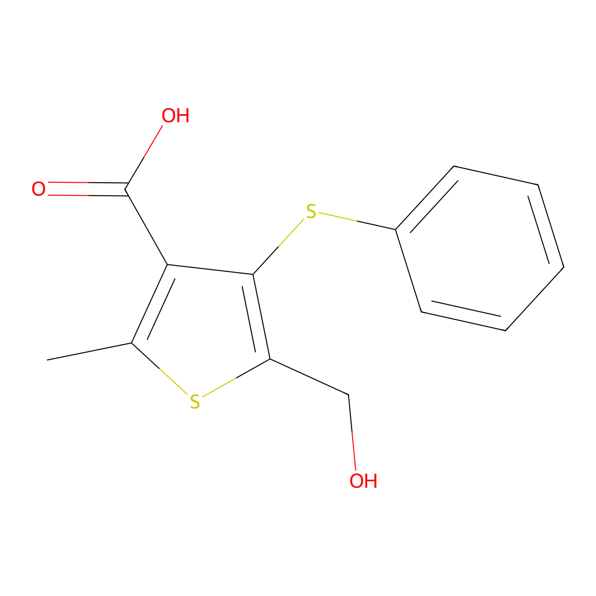 5-(Hydroxymethyl)-2-methyl-4-(phenylsulfanyl)thiophene-3-carboxylic acid molecular structure, CAS 296790-81-3