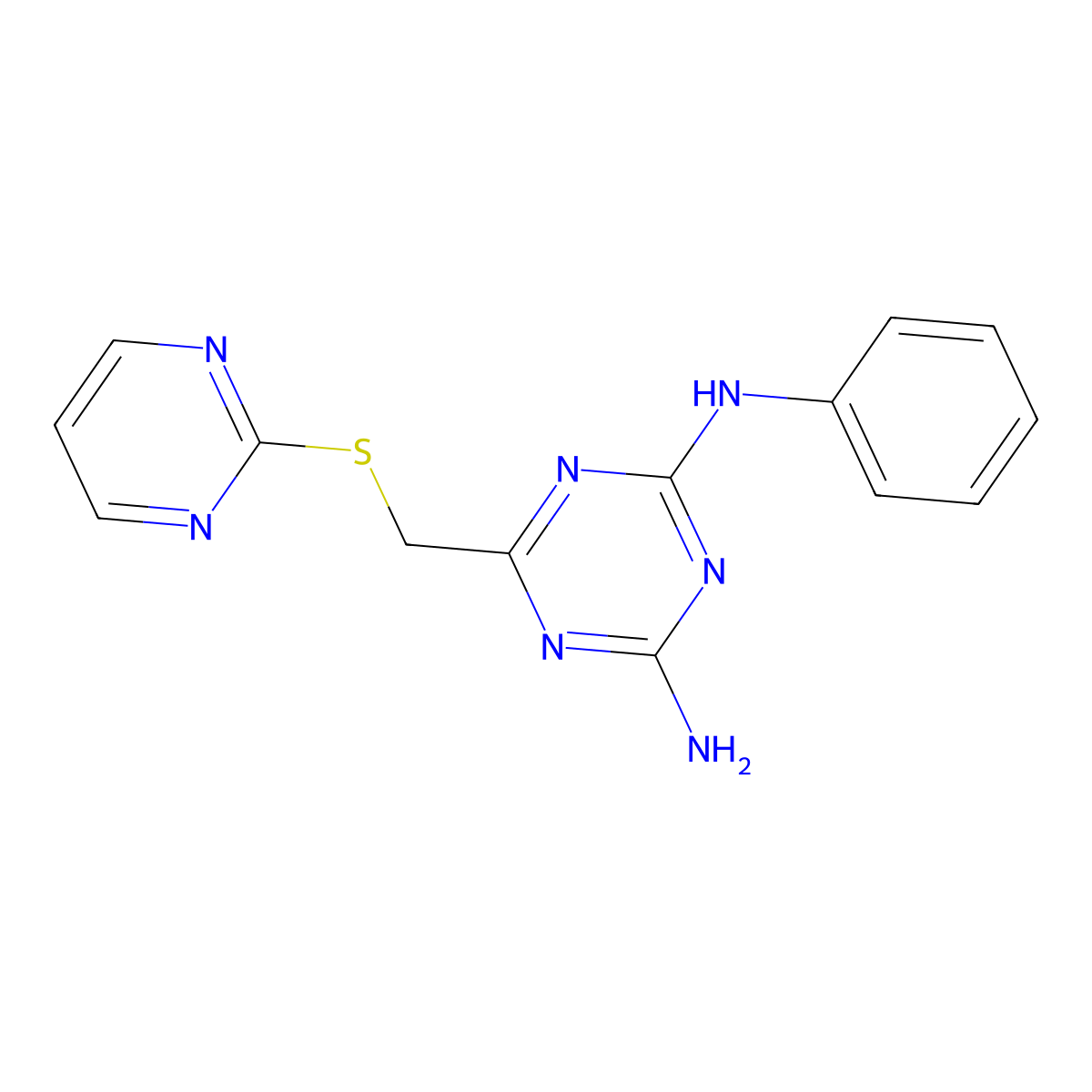N-Phenyl-6-(pyrimidin-2-ylsulfanylmethyl)-[1,3,5]triazine-2,4-diamine molecular structure, CAS 296790-87-9
