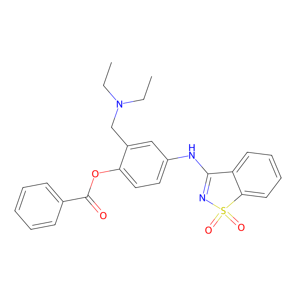 2-[(Diethylamino)methyl]-4-[(1,1-dioxido-1,2-benzothiazol-3-yl)amino]phenyl benzoate molecular structure, CAS 296791-05-4