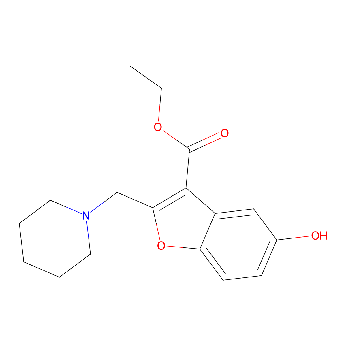 Ethyl 5-hydroxy-2-(piperidin-1-ylmethyl)-1-benzofuran-3-carboxylate molecular structure, CAS 296791-28-1