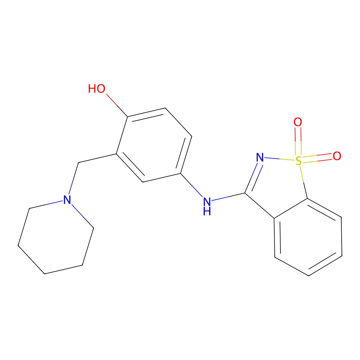 4-[(1,1-Dioxido-1,2-benzothiazol-3-yl)amino]-2-(piperidin-1-ylmethyl)phenol molecular structure, CAS 296791-77-0