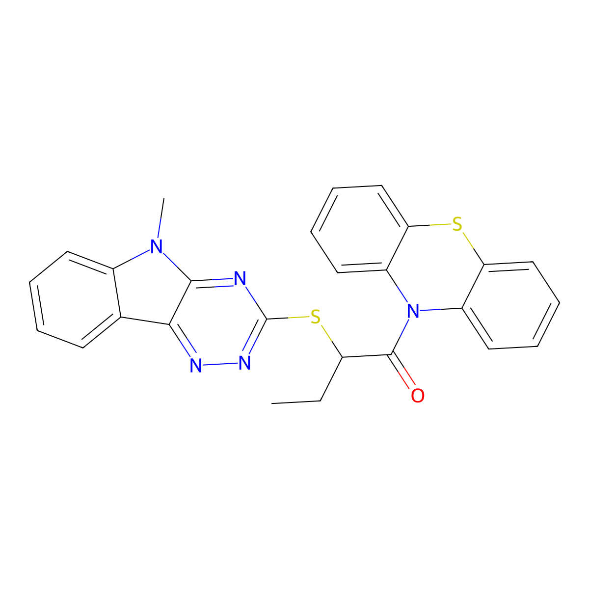 2-[(5-Methyl-[1,2,4]triazino[5,6-b]indol-3-yl)sulfanyl]-1-phenothiazin-10-ylbutan-1-one molecular structure, CAS 296793-03-8