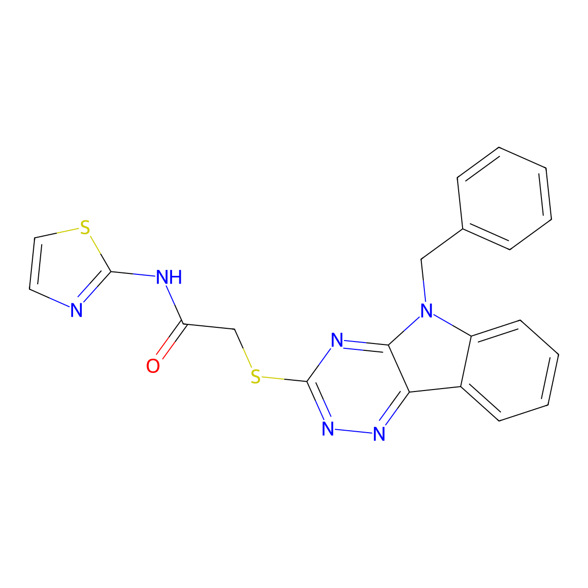2-[(5-benzyl-[1,2,4]triazino[5,6-b]indol-3-yl)sulfanyl]-N-(1,3-thiazol-2-yl)acetamide molecular structure, CAS 296793-06-1