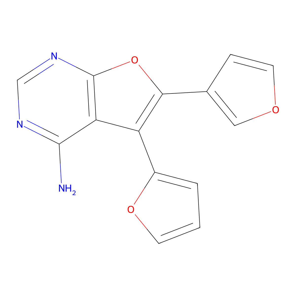 5-(2-Furyl)-6-(3-furyl)furano[2,3-d]pyrimidine-4-ylamine molecular structure, CAS 296793-25-4