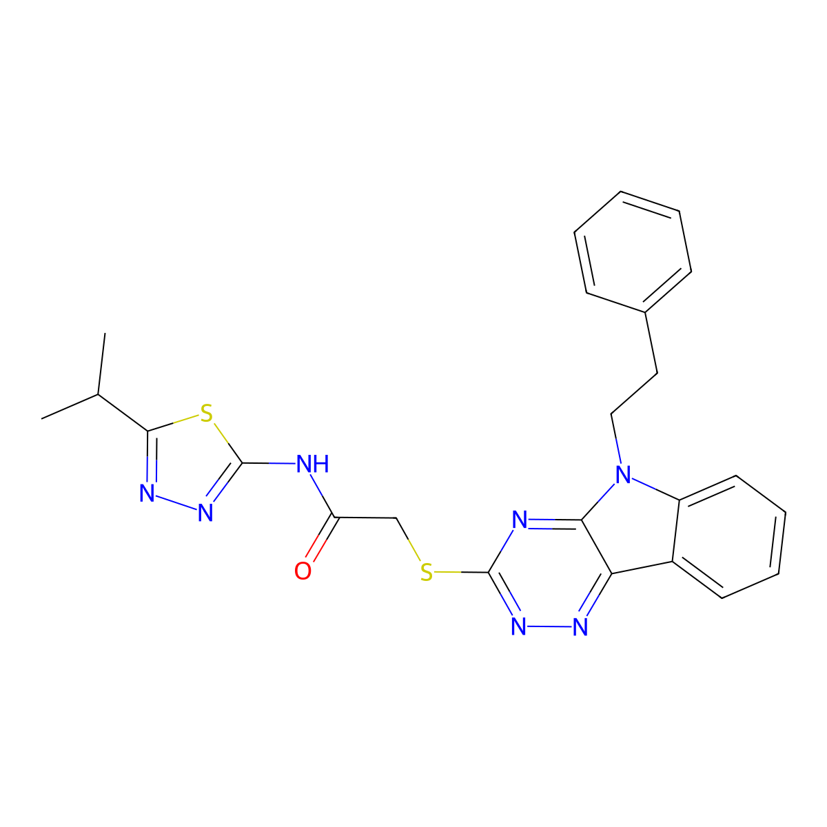 2-{[5-(2-phenylethyl)-5H-[1,2,4]triazino[5,6-b]indol-3-yl]sulfanyl}-N-[5-(propan-2-yl)-1,3,4-thiadiazol-2-yl]acetamide molecular structure, CAS 296793-94-7