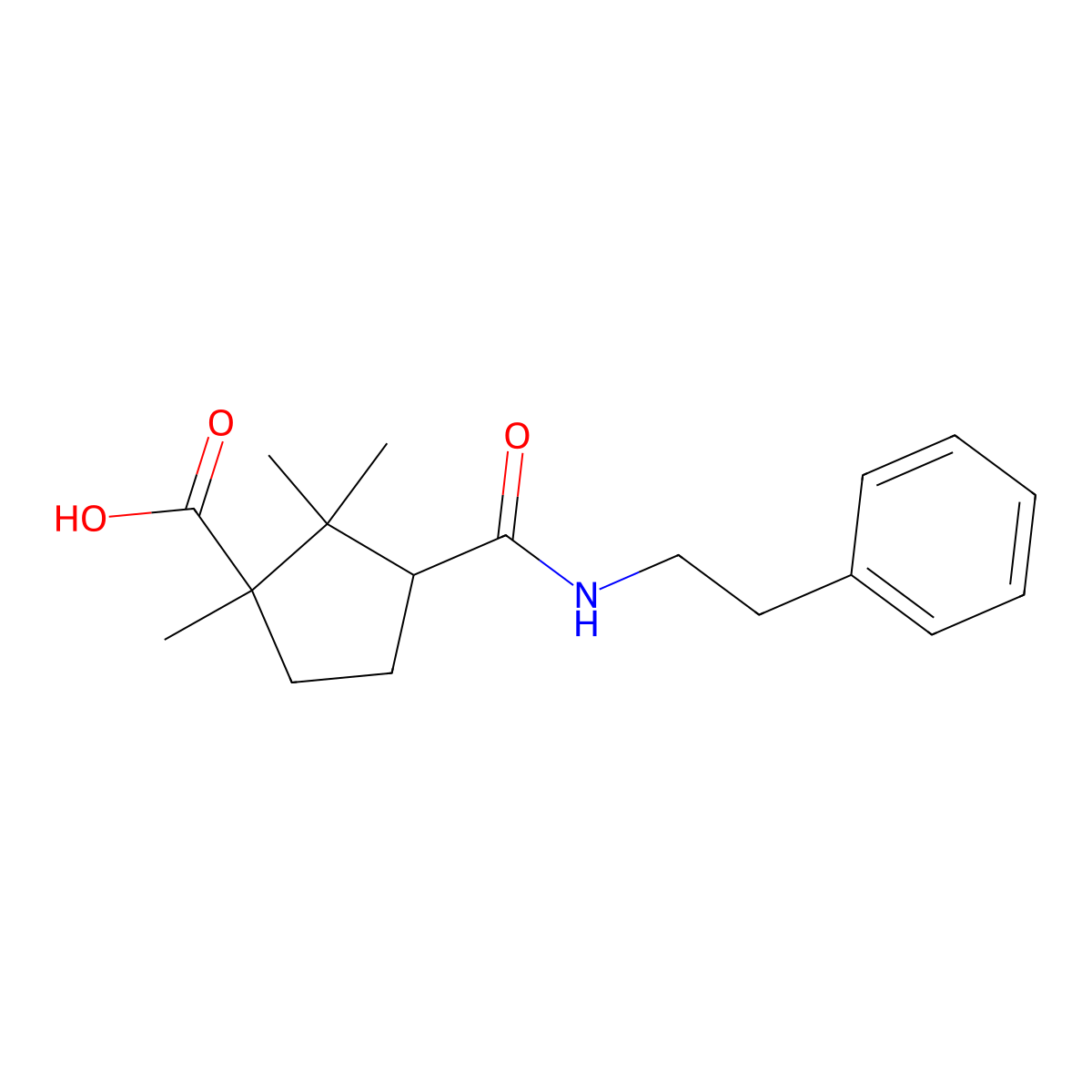 1,2,2-trimethyl-3-[N-(2-phenylethyl)carbamoyl]cyclopentanecarboxylic acid molecular structure, CAS 296796-53-7