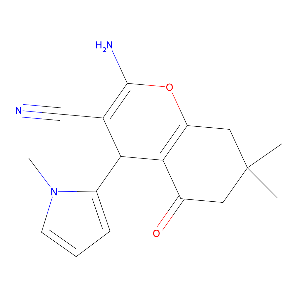 2-amino-7,7-dimethyl-4-(1-methylpyrrol-2-yl)-5-oxo-6,8-dihydro-4H-chromene-3-carbonitrile molecular structure, CAS 296797-08-5