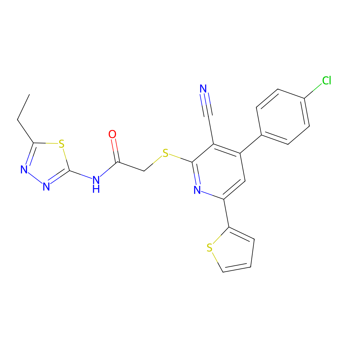 2-[4-(4-chlorophenyl)-3-cyano-6-thiophen-2-ylpyridin-2-yl]sulfanyl-N-(5-ethyl-1,3,4-thiadiazol-2-yl)acetamide molecular structure, CAS 296797-46-1