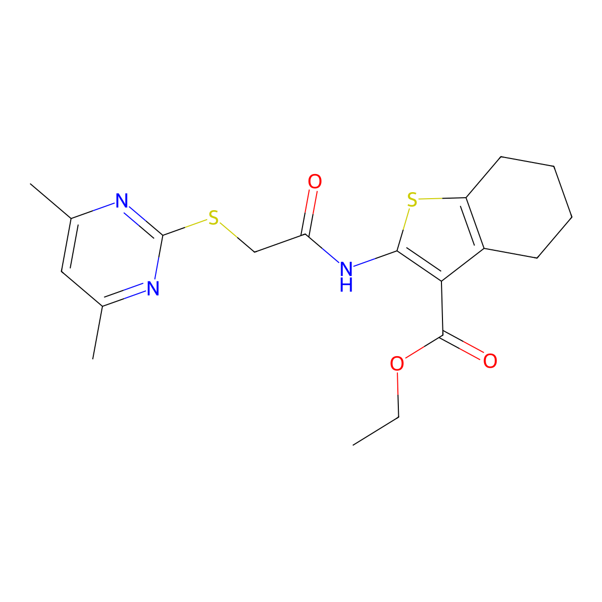 Ethyl 2-({[(4,6-dimethylpyrimidin-2-yl)sulfanyl]acetyl}amino)-4,5,6,7-tetrahydro-1-benzothiophene-3-carboxylate molecular structure, CAS 296797-85-8
