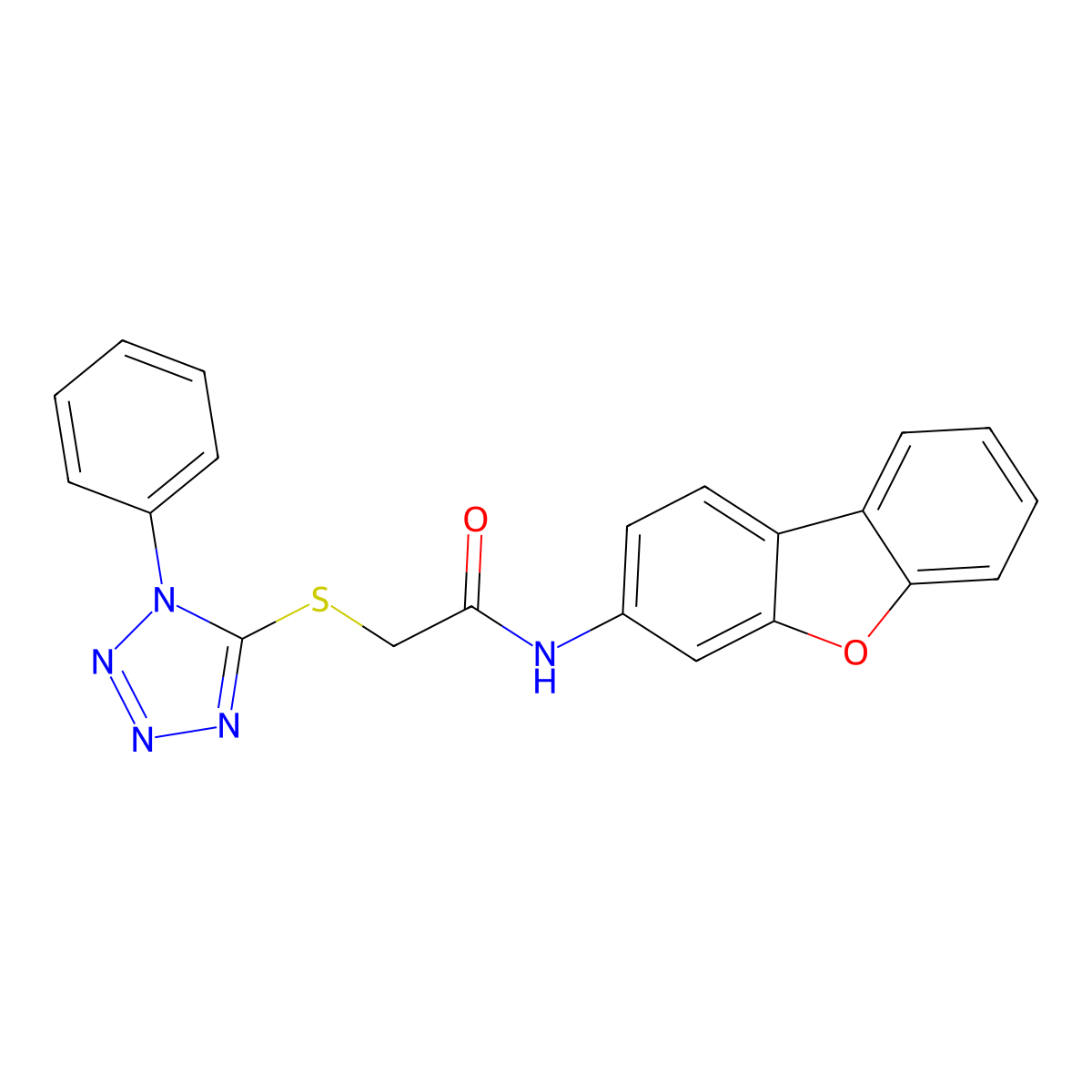 N-dibenzofuran-3-yl-2-(1-phenyltetrazol-5-yl)sulfanylacetamide molecular structure, CAS 296797-90-5