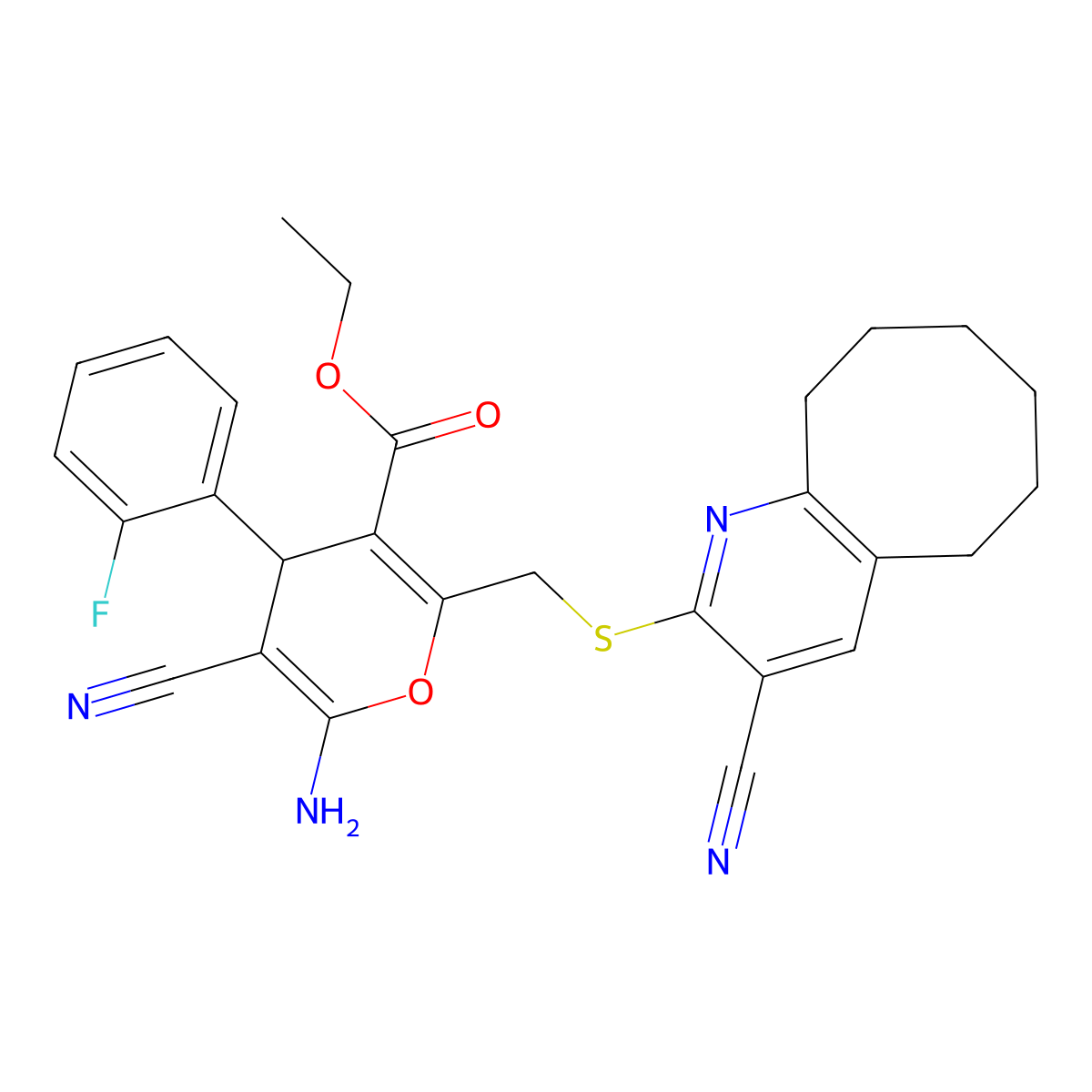 ethyl 6-amino-5-cyano-2-{[(3-cyano-5,6,7,8,9,10-hexahydrocycloocta[b]pyridin-2-yl)sulfanyl]methyl}-4-(2-fluorophenyl)-4H-pyran-3-carboxylate molecular structure, CAS 296798-02-2